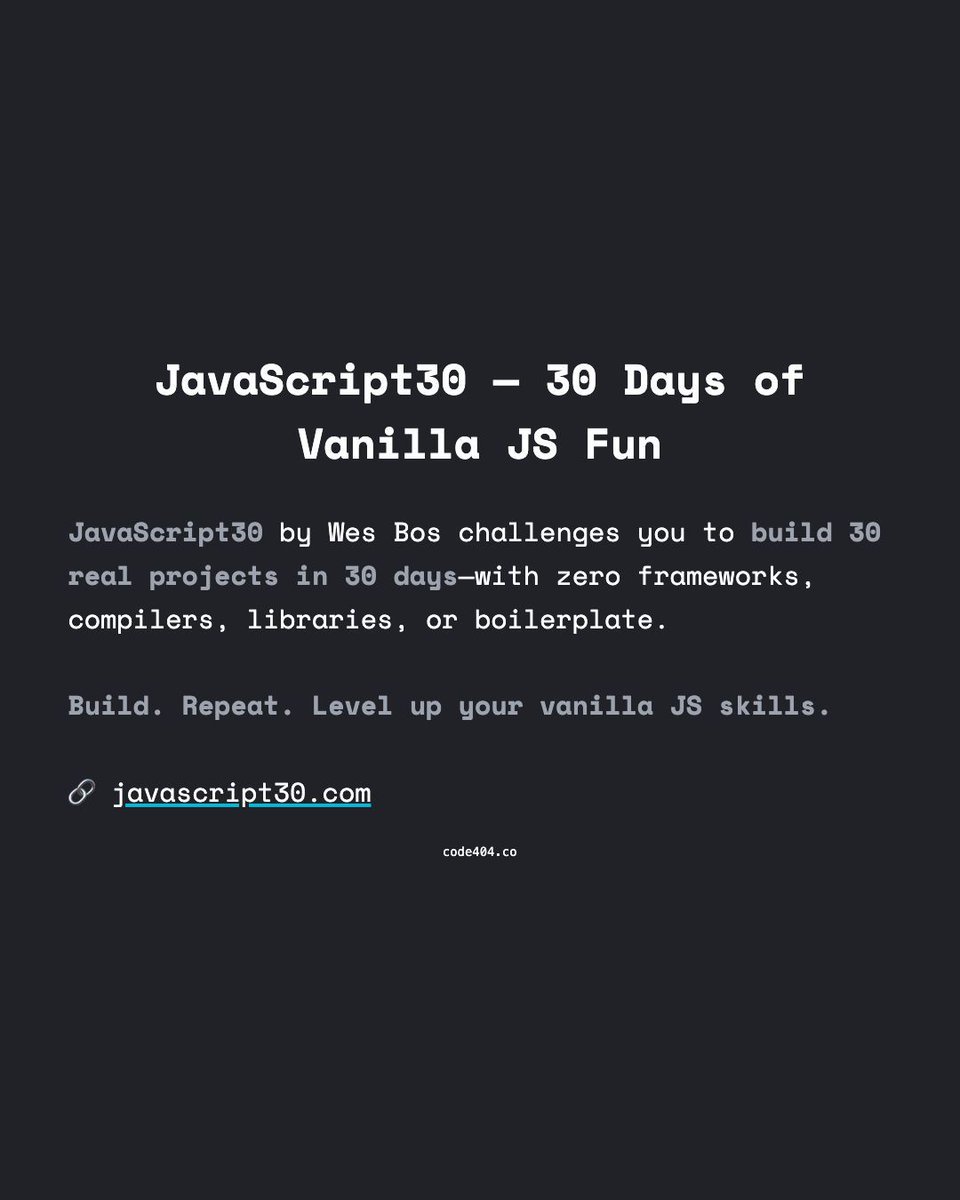 code404_co's tweet image. JavaScript30 — 30 Days of Vanilla JS Fun

Want to truly connect with JavaScript? JavaScript30 by Wes Bos challenges you to build 30 real projects in 30 days—with zero frameworks, compilers, libraries, or boilerplate.

🔗 javascript30.com

#JavaScript #WebDev