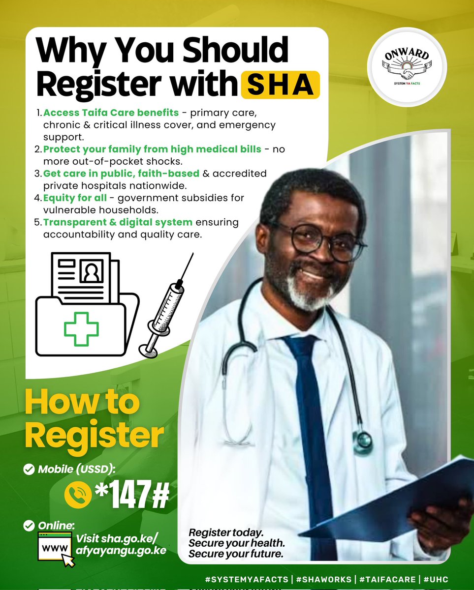Ruto_nated's tweet photo. Families are devastated when medical bills wipe out their savings. Taifa Care shields you from such shocks by covering chronic and critical illness.
#RegisterForSHA and protect your loved ones from financial strain while securing dignified healthcare for the future. https://t.co/8LzBdtrmcn