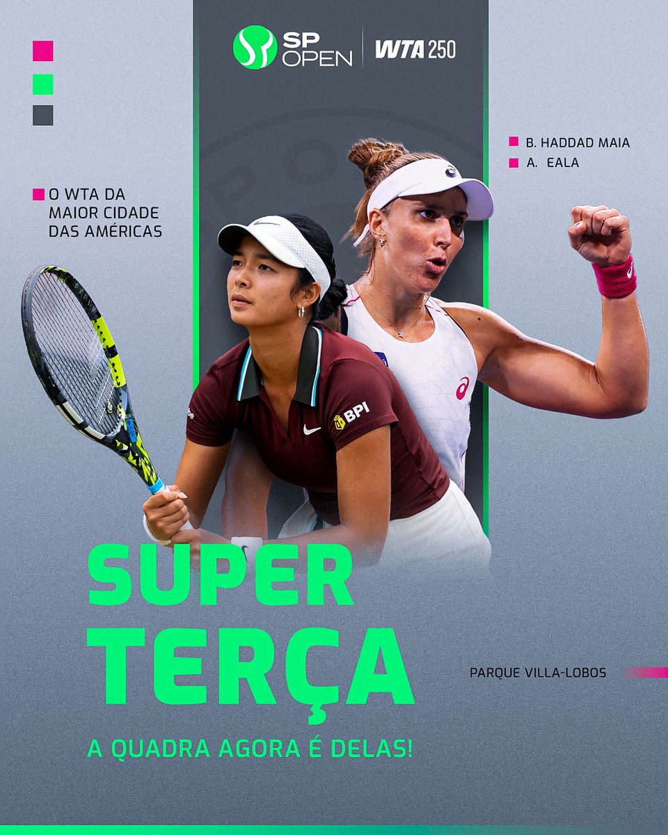 HOJE TEM! 🔥

Animados? Alexandra Eala e Beatriz Haddad Maia protagonizam a Sessão 2 da Super Terça do SP Open! 🇵🇭🇧🇷