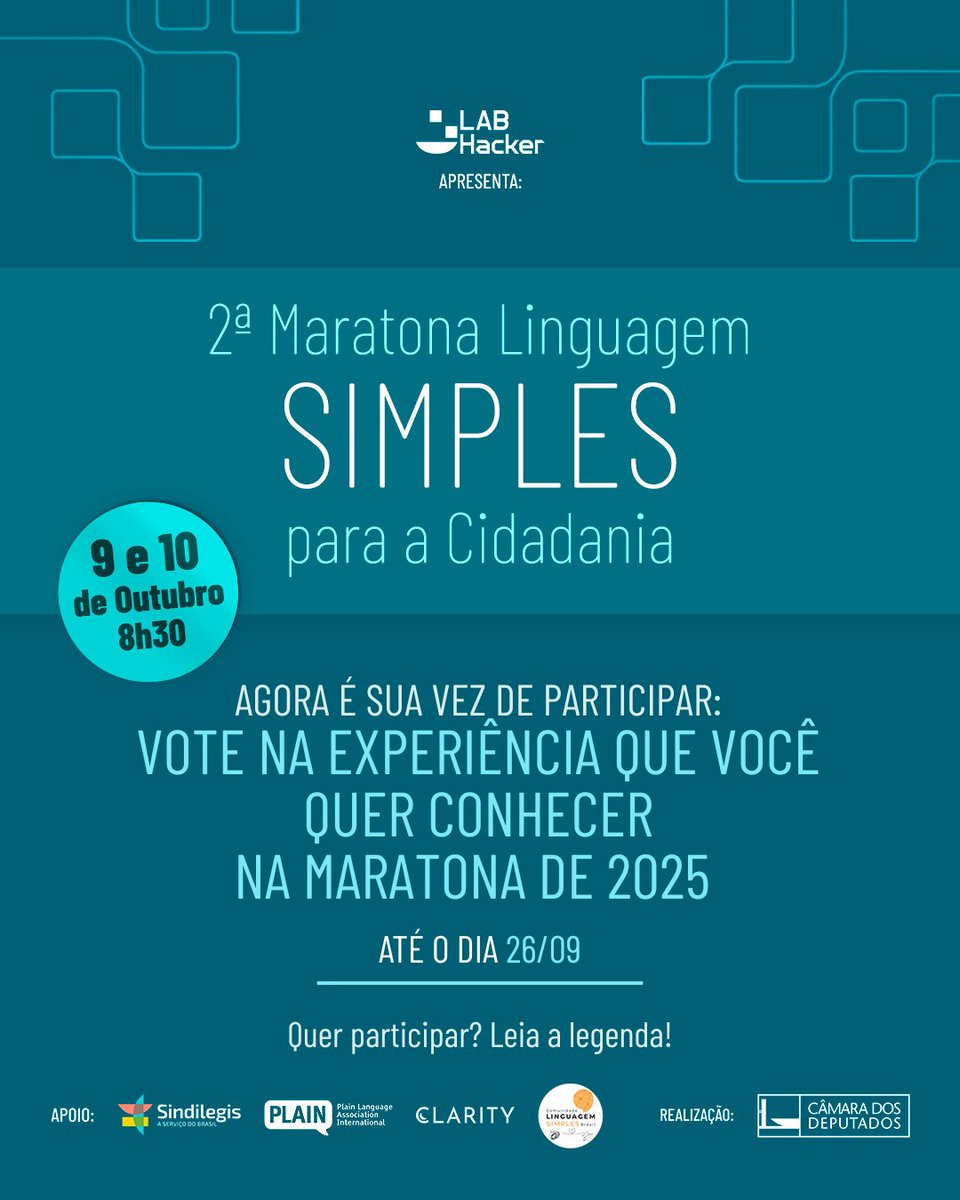 LabHackerCD's tweet image. 🗳️ Sua voz faz diferença! A 2ª Maratona Linguagem Simples para a Cidadania está chegando e você pode escolher a experiência que será apresentada. Vote e ajude a construir esse momento! bit.ly/2maratonalingu…
#LABHacker #LABHackerCD #MaratonaLinguagemSimples
