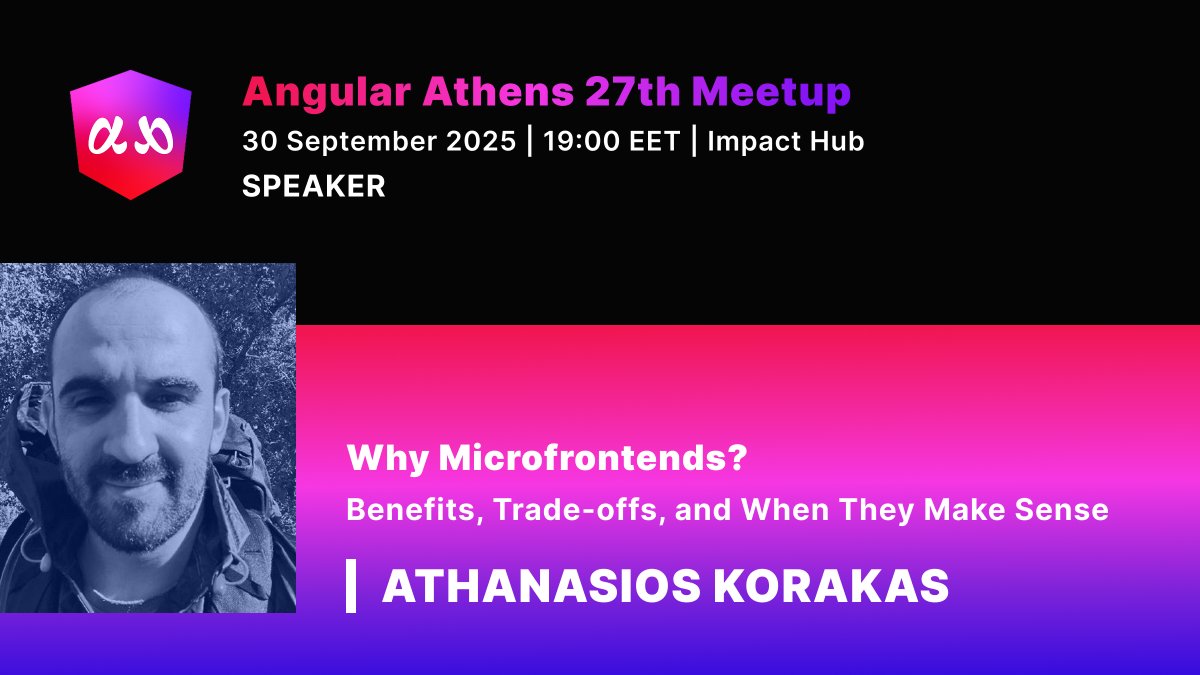 AthensAngular's tweet image. Is a microfrontend architecture right for you? Find out with Athanasios Korakas at the 27th Angular Athens Meetup!
📅 Sept 30, 7 PM
📍 Impact Hub Athens
🔗 RSVP: meetup.com/angular-athens…
#angularathens #meetup
