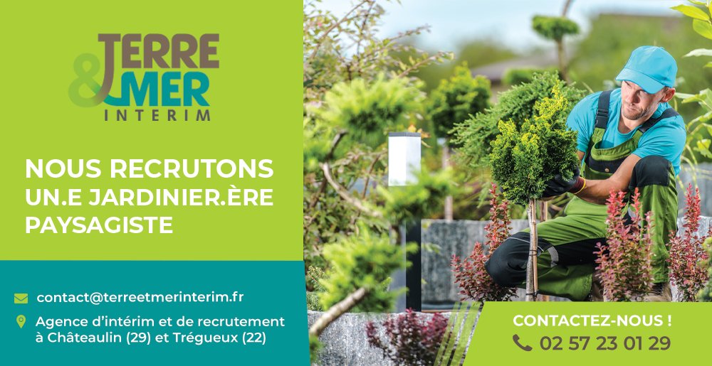 URGENT
📢 OFFRE D'EMPLOI
Nous recrutons un #JARDINIER-#PAYSAGISTE (H/F) à #PLOUGASTELDAOULAS (29) en INTÉRIM
 
 Contactez-nous au 02 57 23 01 29 et envoyez votre CV à contact@terreetmerinterim.fr ou annonces-interim.bzh/terre--mer-int…
 
 À bientôt ! 😉
#Recrutement #Paysagisme #offredemploi