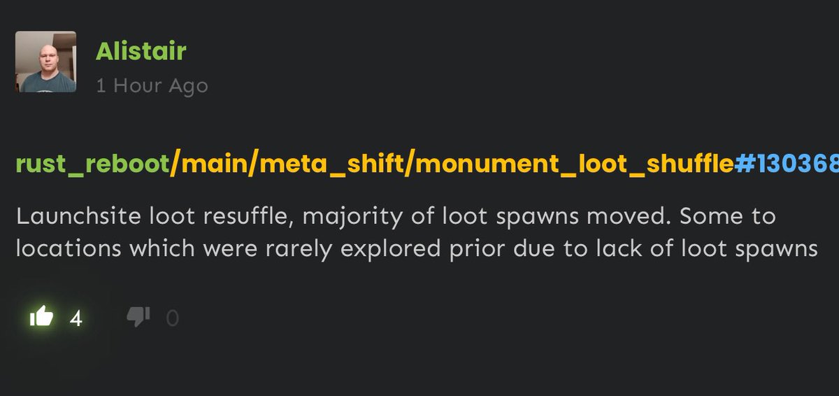 paneqontop's tweet photo. Looks like rust is going for a huge update this next force wipe. Some insane commits this wipe in addition to the naval update. Let me know your thoughts on this.

Summary:
- New Shore Crate
- Loot spawns locations changes (diesel moved to puzzle)
- PVP walls stack reduced
- small spike trap

#rust #gaming #update