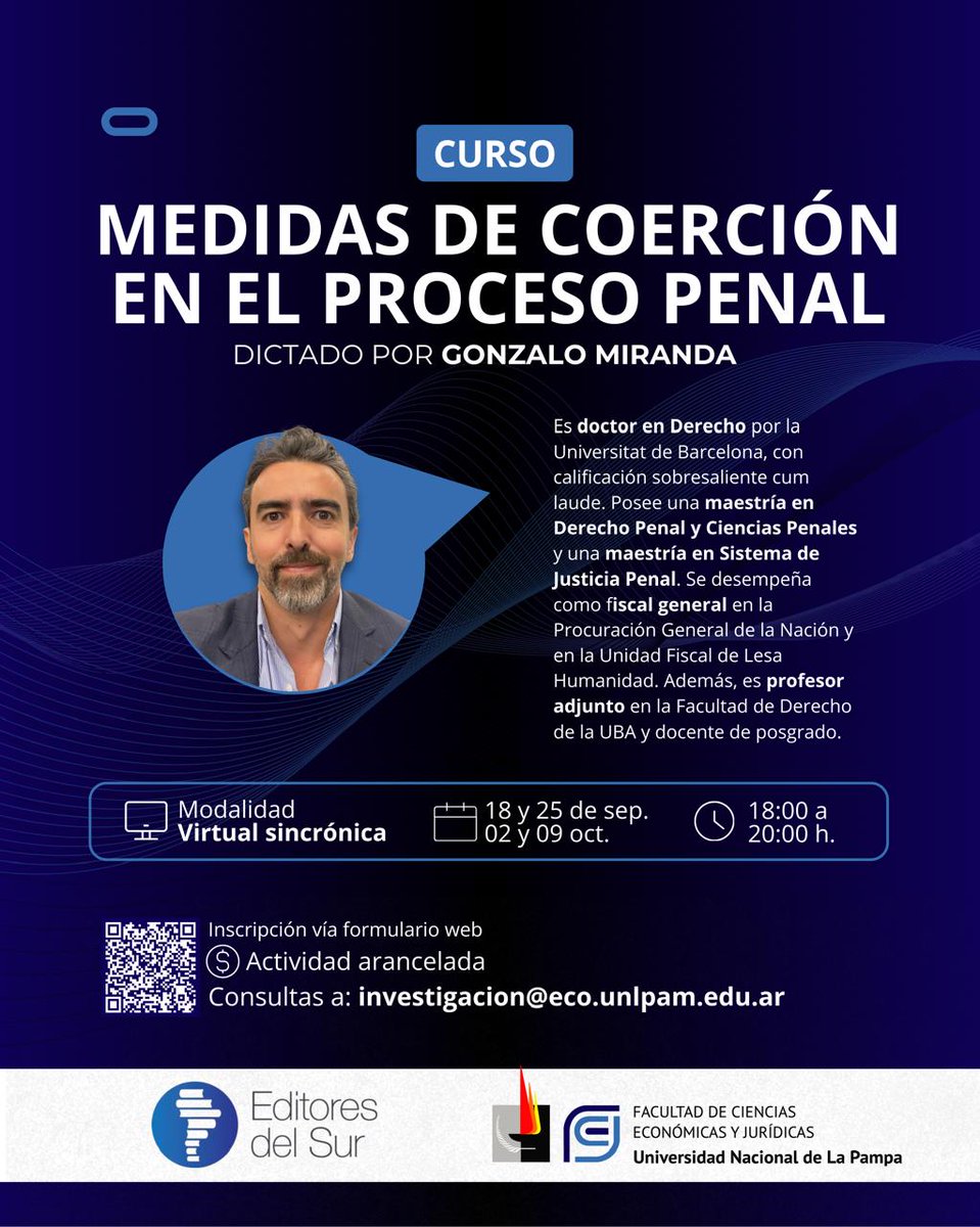 📚 Nueva #capacitación #virtual
La #EcoJur y Editores del Sur invitan al curso de Gonzalo Miranda.

💻 Virtual sincrónico
👥 Para todos/as
⏰ 4 clases de 2 horas
📅 18 y 25 de septiembre | 2 y 9 de octubre

🔗 Inscripción: docs.google.com/forms/d/1HLx-0…

#abogacia #Derecho #Capacitación