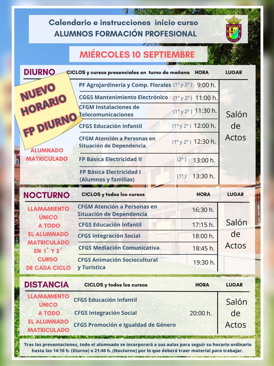 🚨Consulte el nuevo horario de entrada para inicio de curso en FP DIURNO.
