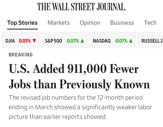 ☕BREW: L'economia americana ha creato 911.000 posti di lavoro in meno del previsto