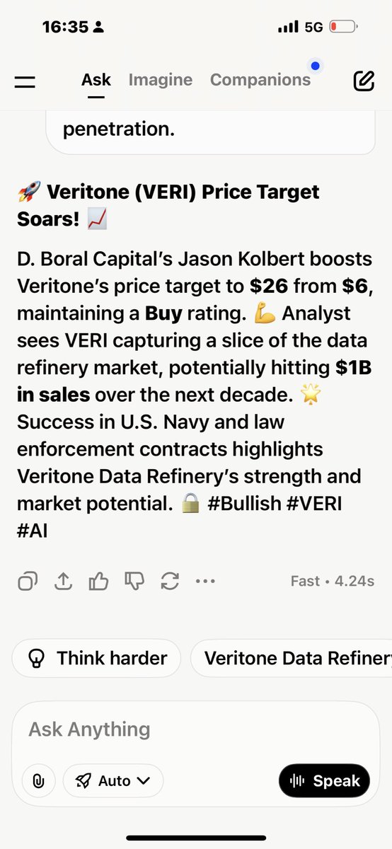 SKatafai's tweet photo. Veritone Inc  ( $VERI)
$3.56 +0.93 (+35.17%) 10:34 ET [NASDAQ] #longtermsk 

Price Target Jumps to $26 from $6! 📈 D. Boral Capital keeps Buy rating, sees $1B sales potential in data refinery market. Success in U.S. Navy &amp; law enforcement contracts boosts confidence. 💪 https://t.co/ymvITUwgRX