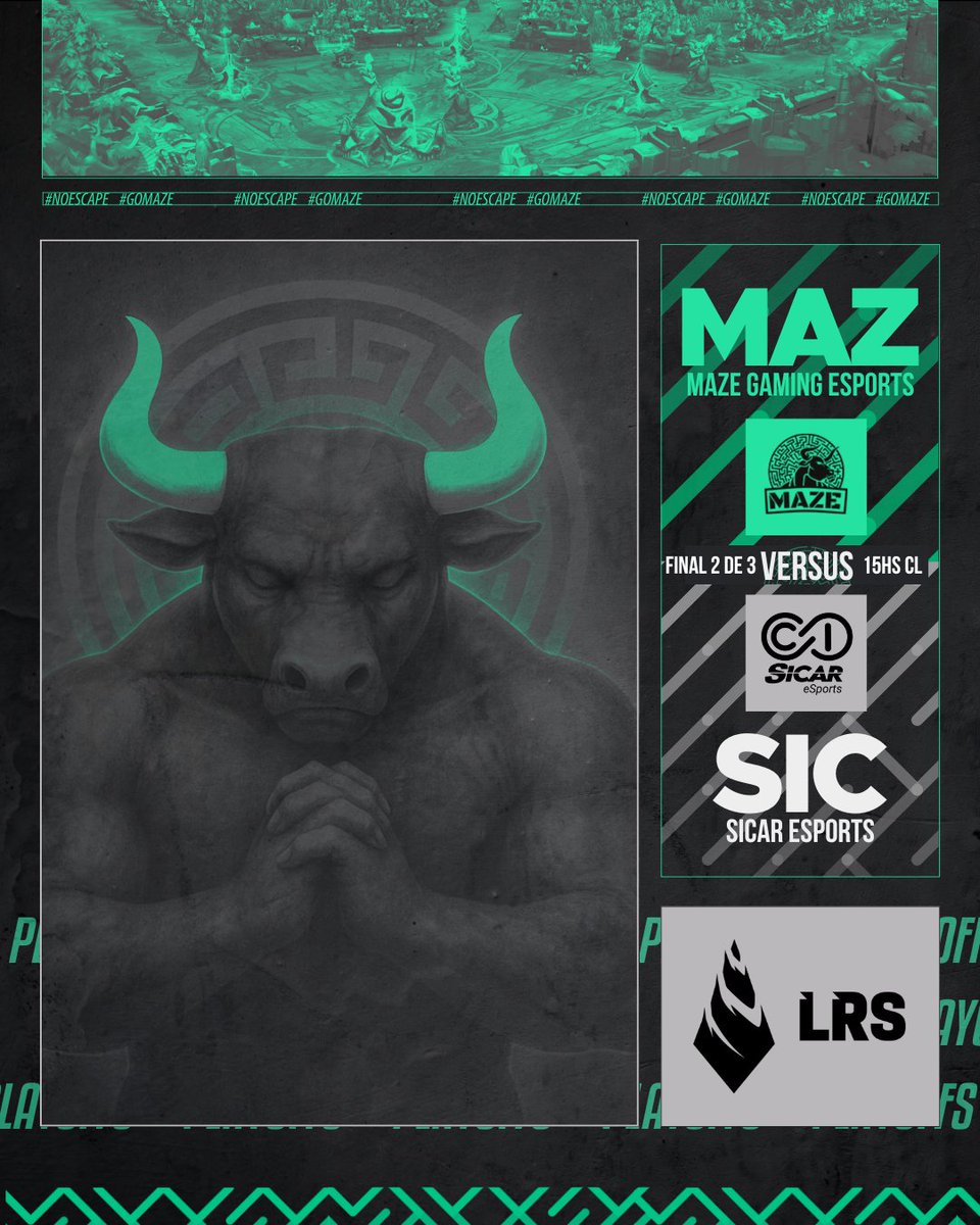 #GAMEDAY #LRS 

Hoy es el día. El Minotauro está en modo Zen ya, completamente alineado para este desafio.

Desde un poco más de las 15.00 cl/arg comenzarán las transmisiones de esta final del loser bracket entre <a href="/SicarEsports/">Sicar Esports</a> y Maze. El ganador saca tickets a la final-final de