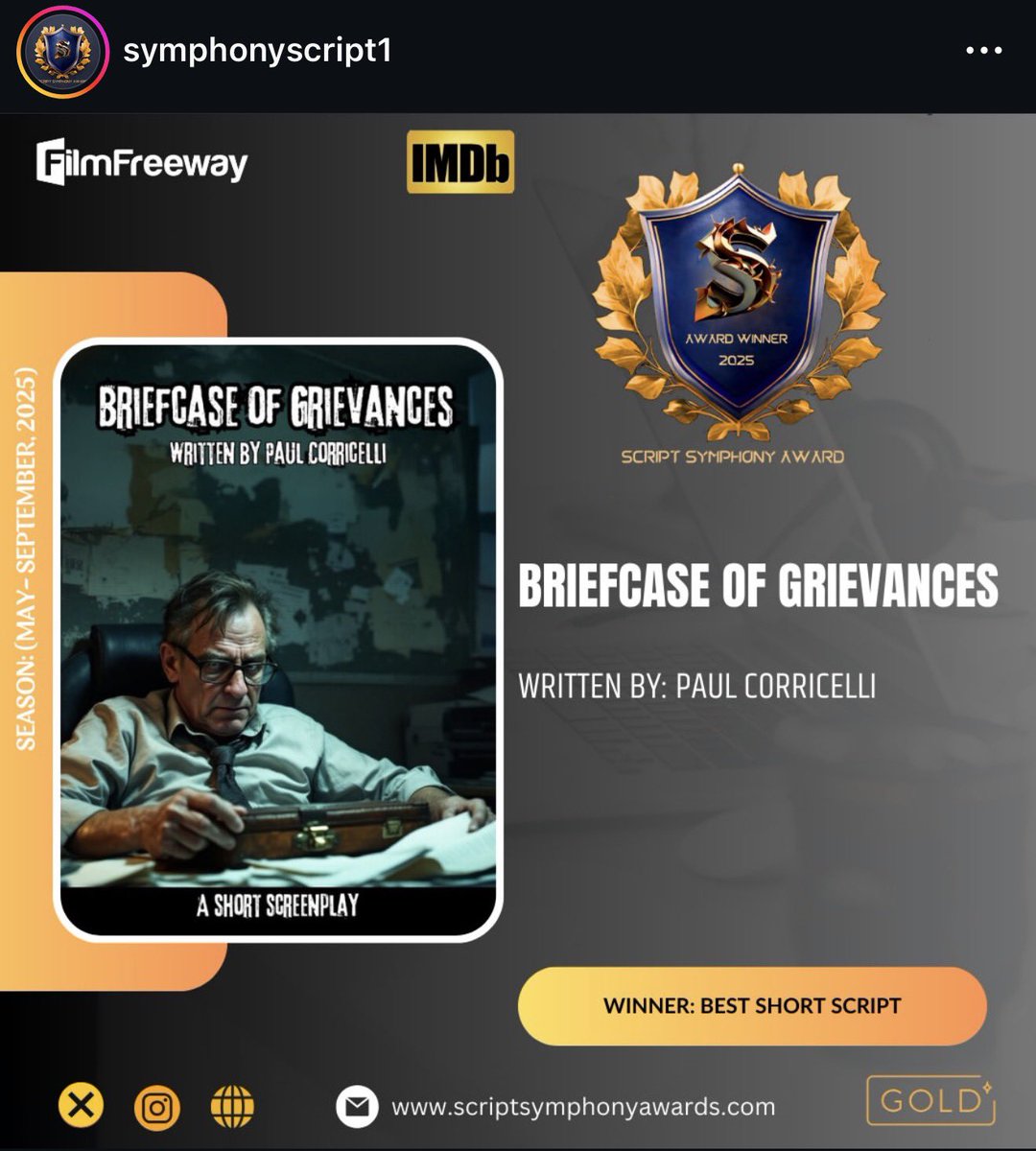camcorri's tweet image. Many thanks to everyone at @ScriptSaward  for making BRIEFCASE OF GRIEVANCES an Award Winner!