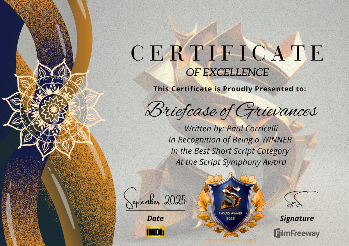 camcorri's tweet image. Many thanks to everyone at @ScriptSaward  for making BRIEFCASE OF GRIEVANCES an Award Winner!