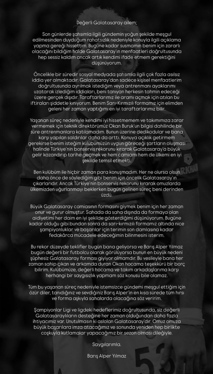 Barıș Alper Yılmaz Galatasaray camiası ve taraftarından özürdiledi... Bize de bu saatten sonra affetmek düşer afferin la Barış 👏👏👏