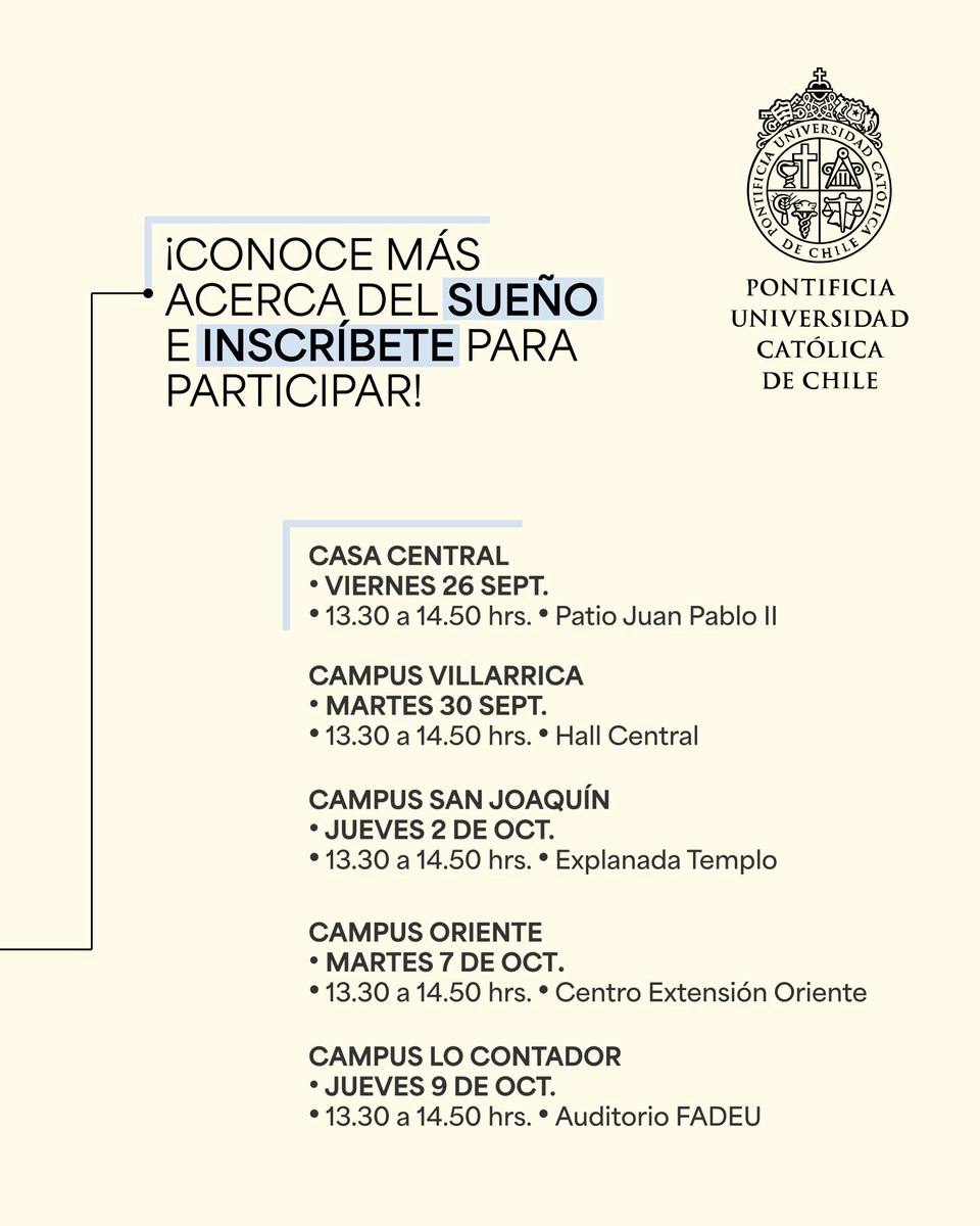 #UCDialoga2025 ✨ | ¡Comienza #UCDialoga2025!
Entre el 26/09 y el 9/10 la comunidad UC está invitada a imaginar y construir la nueva estrategia institucional 2030.

📍 Encuentros en Casa Central, Villarrica, San Joaquín, Oriente y Lo Contador.

✍️ Inscríbete y súmate al sueño de