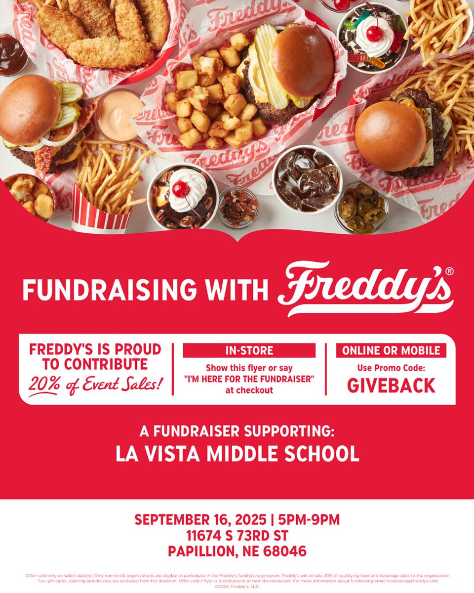 Grab the family and some friends and enjoy a meal together at Freddy's while also giving back to LVMS on September 16!