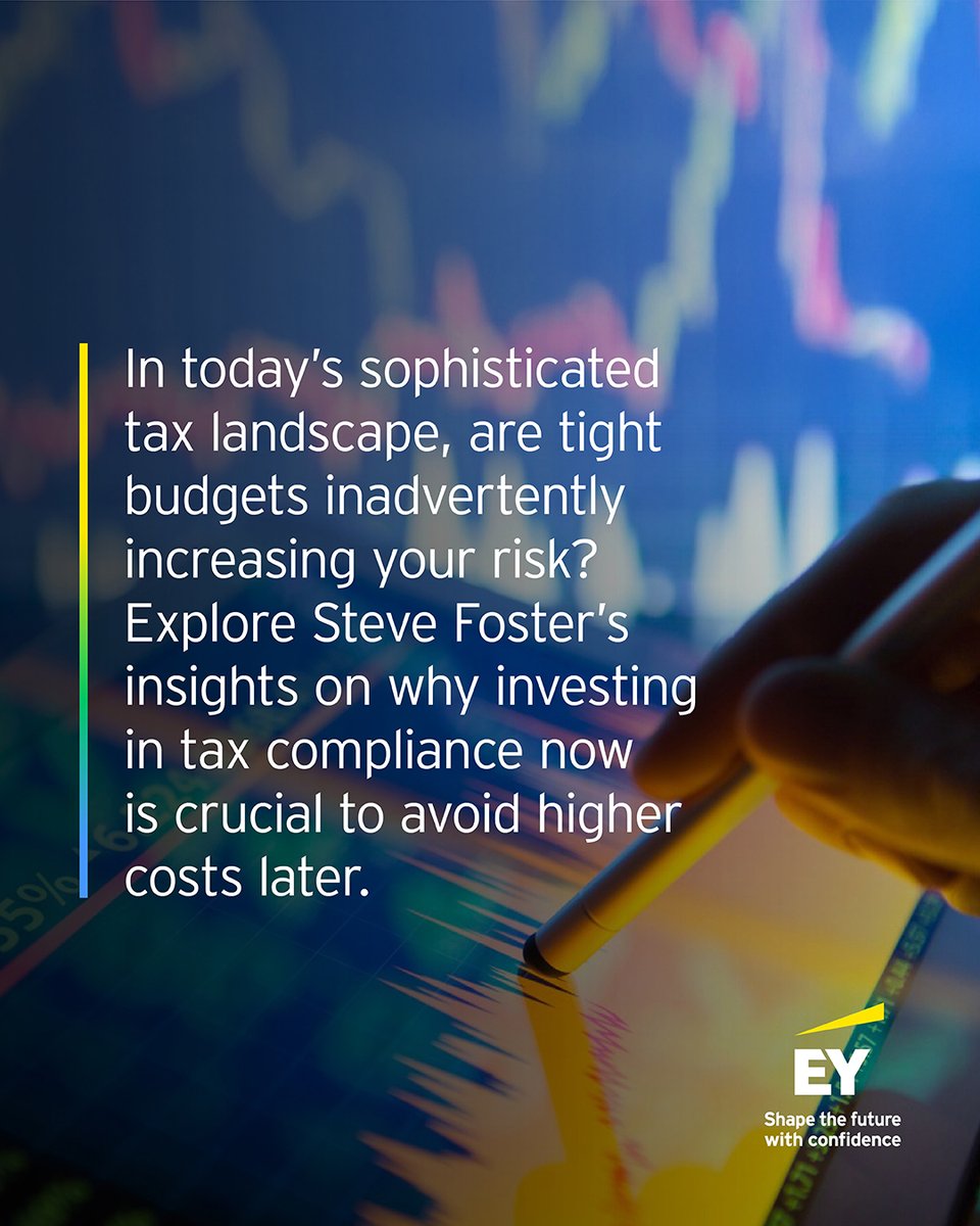 EY_Tax's tweet photo. Cutting tax compliance budgets may save today but cost more tomorrow.

EY’s Steve Foster shares why investing in compliance is critical as tax authorities turn to AI &amp; data analytics. 

Read more: https://t.co/XAcuQ5EwpQ

#FutureOfTax https://t.co/IN8Ey6cqsK