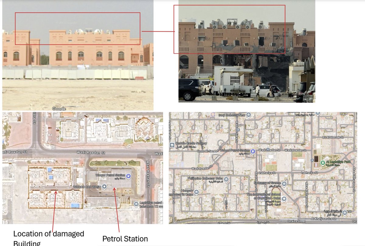 Reports show damage to this building in the West Bay Lagoon area of Doha. Highly populated area with the strike taking next place next to a Woqod Petrol Station! All within 200 metres are schools, embassies, supermarkets, parks...
maps.app.goo.gl/zjpiXsaKT9AEZj…