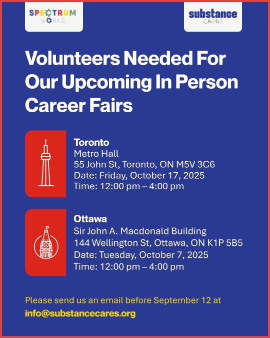 NeilForester's tweet image. Join us as a volunteer for the 9th Annual Spectrum Works Career Fair for Autistic Job Seekers in Ottawa and Toronto to help create a supportive space where job seekers and inclusive employers can connect! Email us at info@substancecares.org if you're interested in helping out!