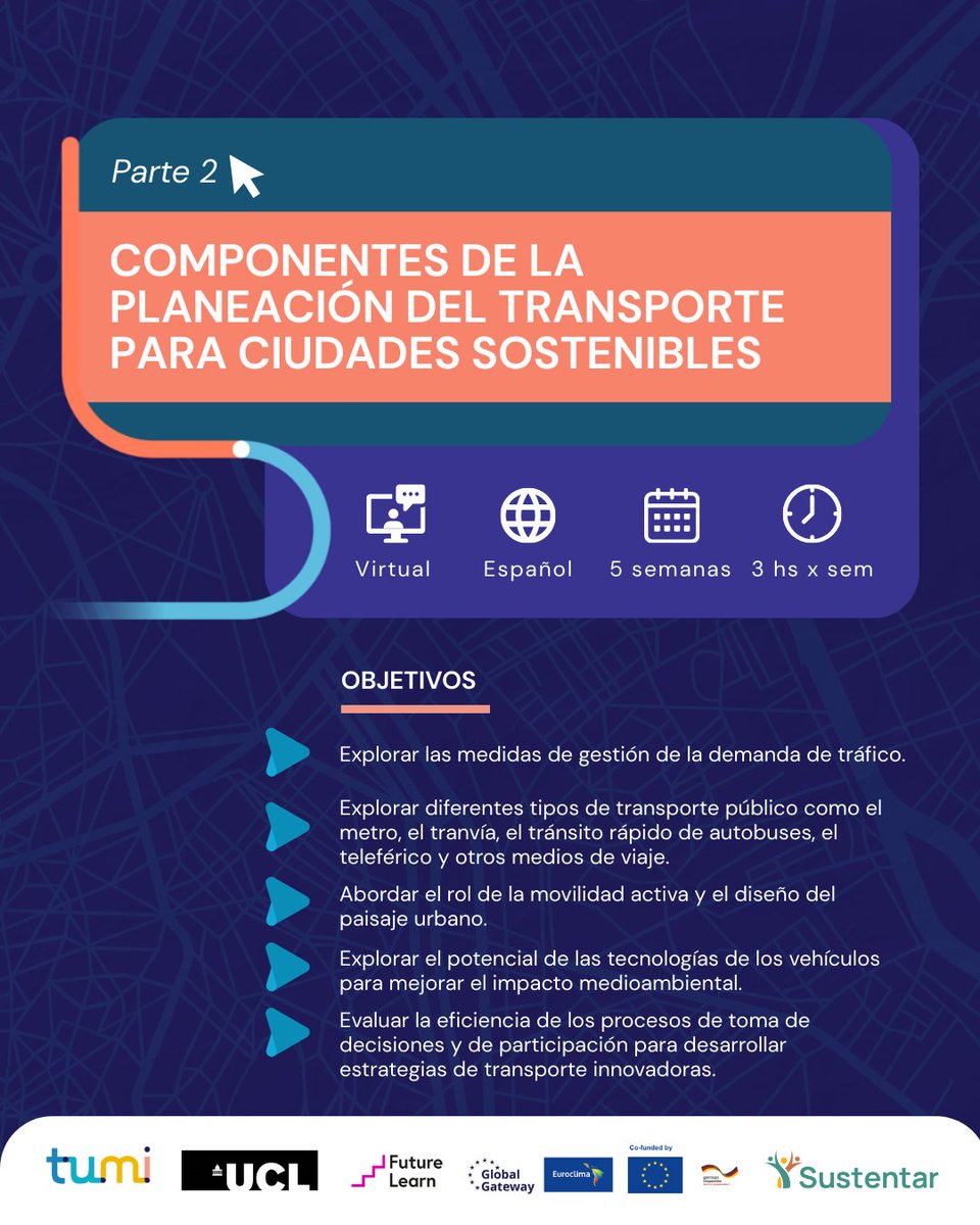 🚍Curso gratuito: “Transformando la Movilidad Urbana”
Desarrollado por la Iniciativa de Movilidad Urbana Transformativa + University College London.
El curso se compone de dos partes:
1️⃣ Introducción: 🔗bit.ly/4m0guVZ
2️⃣ Componentes: 🔗bit.ly/3USFSSv
🗓️ ¡Sumate!