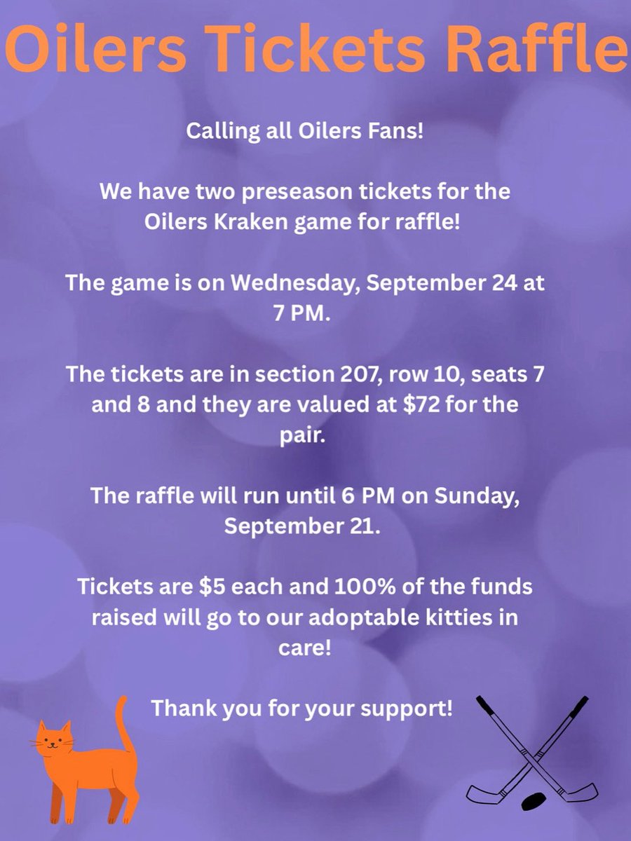 SAFEteamrescue's tweet photo. Calling all Oilers Fans!

We have two preseason tickets for the Oilers Kraken game for raffle!  

The game is on Wednesday, September 24 at 7 PM. 

The tickets are in section 207, row 10, seats 7 and 8 and they are valued at $72 for the pair. 

The raffle will run until 6 PM on https://t.co/NGZ9hB4OYm