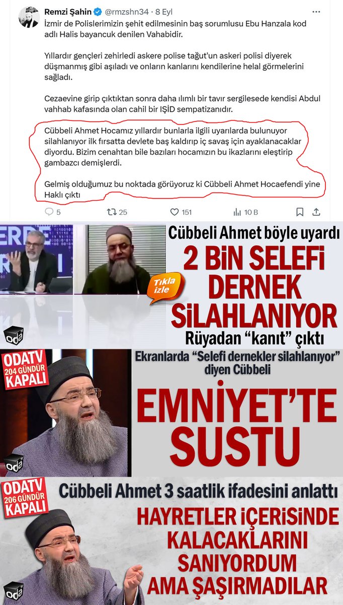 İzmirde 2 şehit var. Cübbeli Ahmet Terör Örgütü {CATÖ} militanlarından Remzi Şahin Jüppeli güzellemesi yapıyor. O kadar aşşağılıklarki bu olayı bile örgüt algısı için kullanıyorlar!! Senin şeyhin 2bin dernekle başlayıp 5 dernek adı vererek sonlandırmıştı şowunu! Hatta şaşırmıştı!