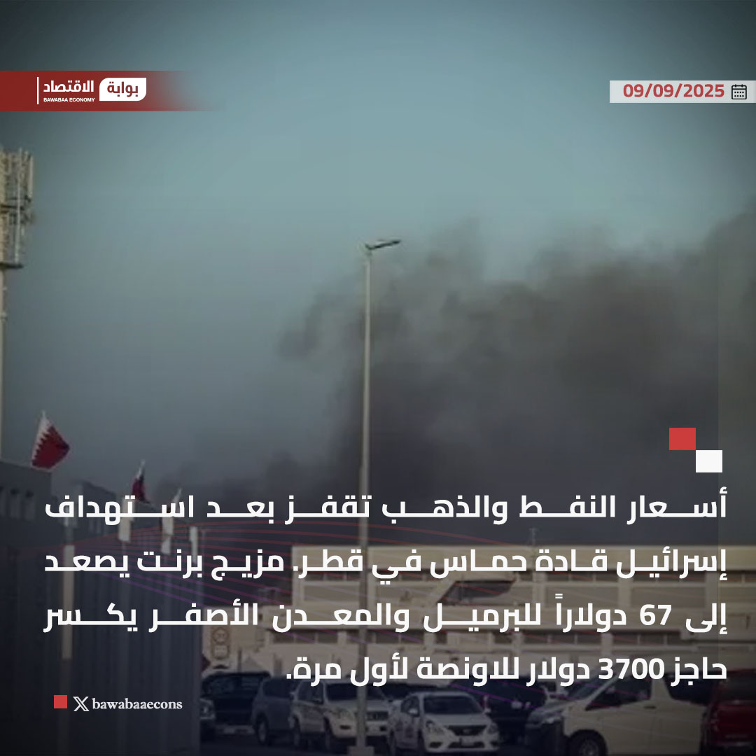 أسعار النفط والذهب تقفز بعد استهداف إسرائيل قادة حماس في قطر. مزيج برنت يصعد إلى 67 دولاراً للبرميل والمعدن الأصفر يكسر حاجز 3700 دولار للاونصة لأول مرة.

#بوابة_الاقتصاد