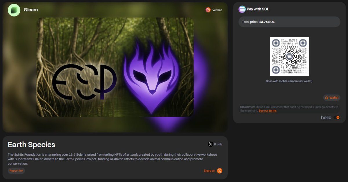 💥 SOLD OUT &amp; IMPACT MADE 💥

100% of Spirits Series II proceeds (13.76SOL) are now in <a href="/earthspecies/">Earth Species Project (ESP)</a> hands via <a href="/Gleam_dApp/">Gleam</a>  🌍💚

Kids’ art went on-chain and just turned into real-world conservation power! ✨