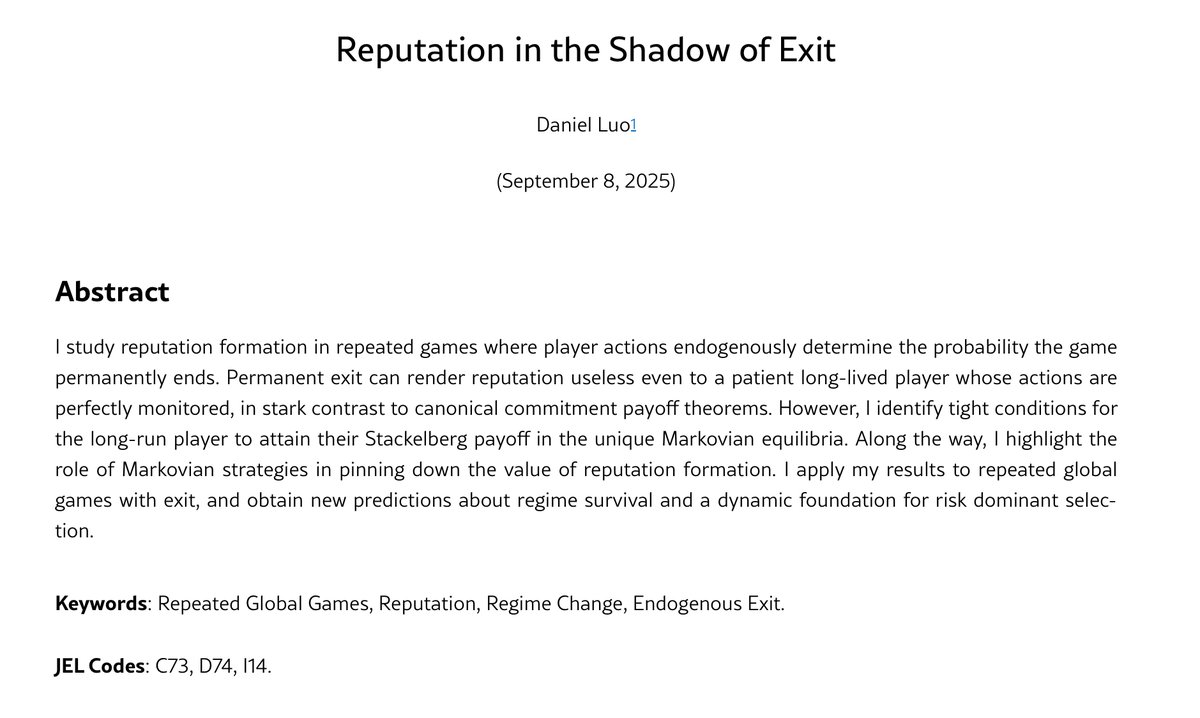 new(-ish) wp alert!

have you ever read a standard repeated games paper and asked yourself why the authors assume the game persists regardless of the actions people take, and how important this assumption is? then i have a paper for you! 

a 🧵