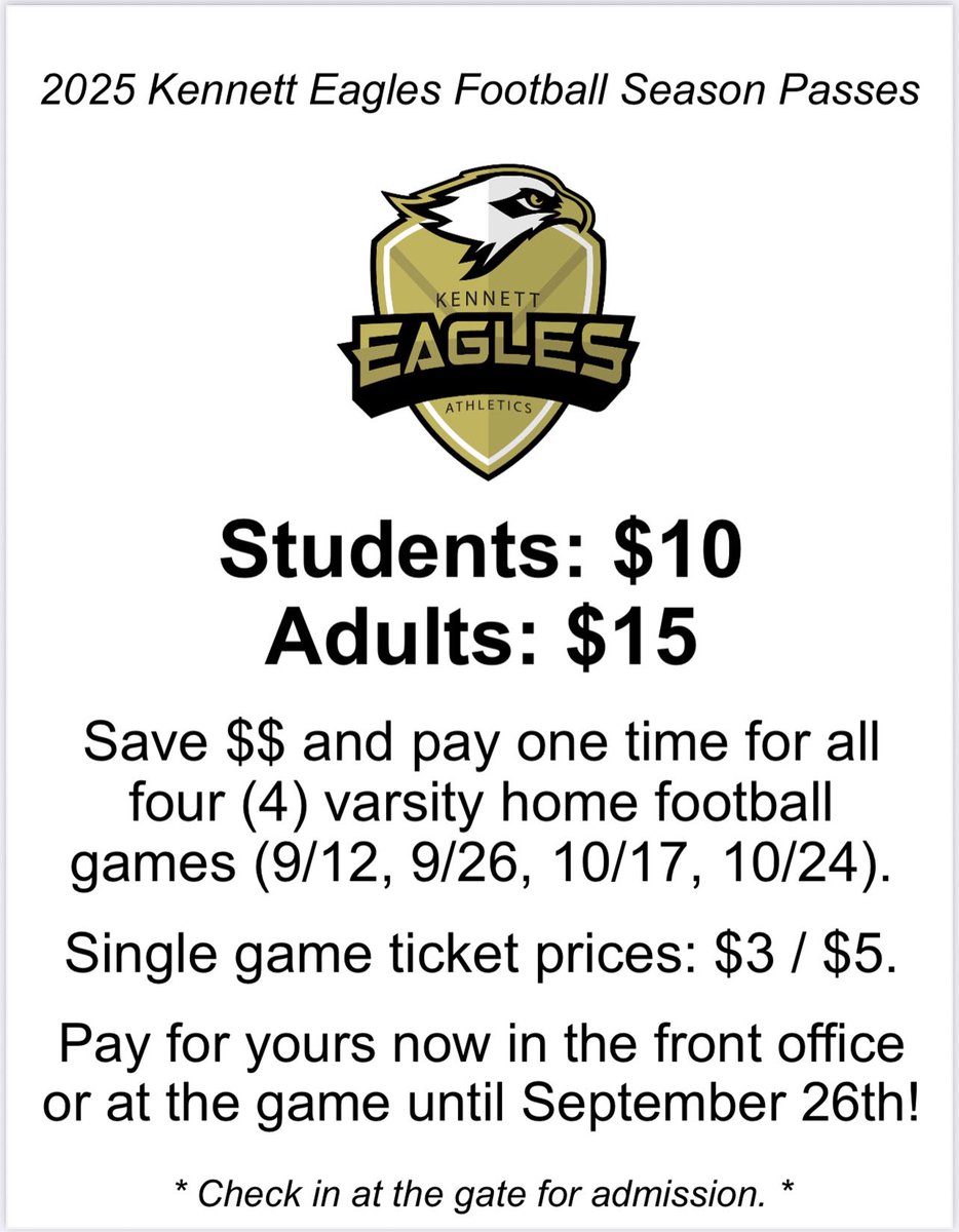 Attention <a href="/KennettAthletic/">Kennett Athletics</a> Eagles … the first home varsity football game of the season is this Friday night. Season passes are available for purchase from Mrs. Westover in the front office or they will be available at the gate as well!