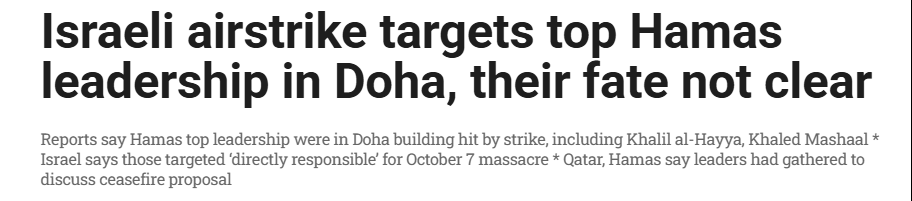 Hoffman8Jon's tweet photo. Israel's strikes in Qatar show yet again Netanyahu has zero intention of ending this war.

Alongside the strikes, Israel ordered the full evacuation of Gaza city.

Their stated goals are to kill, expel, and occupy.

American support gives them total impunity to do so.