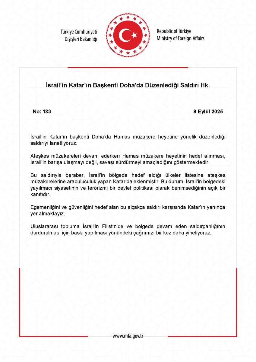 İsrail’in Katar’ın Başkenti Doha’da Düzenlediği Saldırı Hk. mfa.gov.tr/no_-183_-israi…