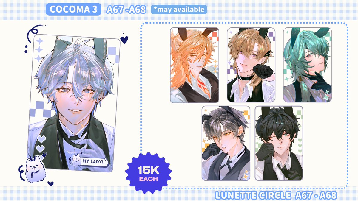 {💕&amp;🔁 are appreciated!!}
Hello, here's my catalog for #COCOMA3 ! 

📍lunette circle (A67-A68) 
📆 13 September 2025
🛍 OTS &amp; book avail (dm me!) 

Fandoms: umamusume, HSR, ALNST, WINDBREAKER, PJSK, originals 

#COCOMA3CATALOGUE
(1/3)
