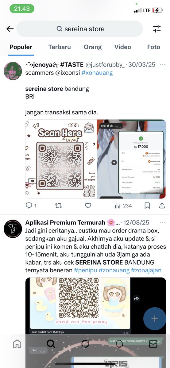 lopekodok's tweet photo. ternyata yg ketipu sudah banyak ya, guys kalian kalau mau transaksi apapun harus selalu hati hati ya biar ngga ketipu kaya aku. inget SEREINA STORE lokasinya bandung PENIPU SCAM #zonauang #zonajajan️️ #scam https://t.co/XvZSRD17Wt
