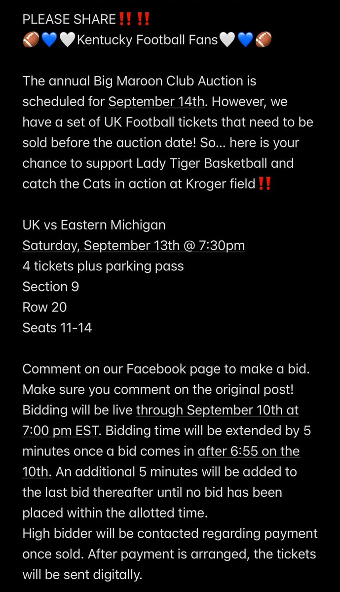 UK 🏈 Fans‼️ Score some GREAT SEATS with a parking pass included for Saturday night’s game vs. Eastern Michigan‼️💙🤍
