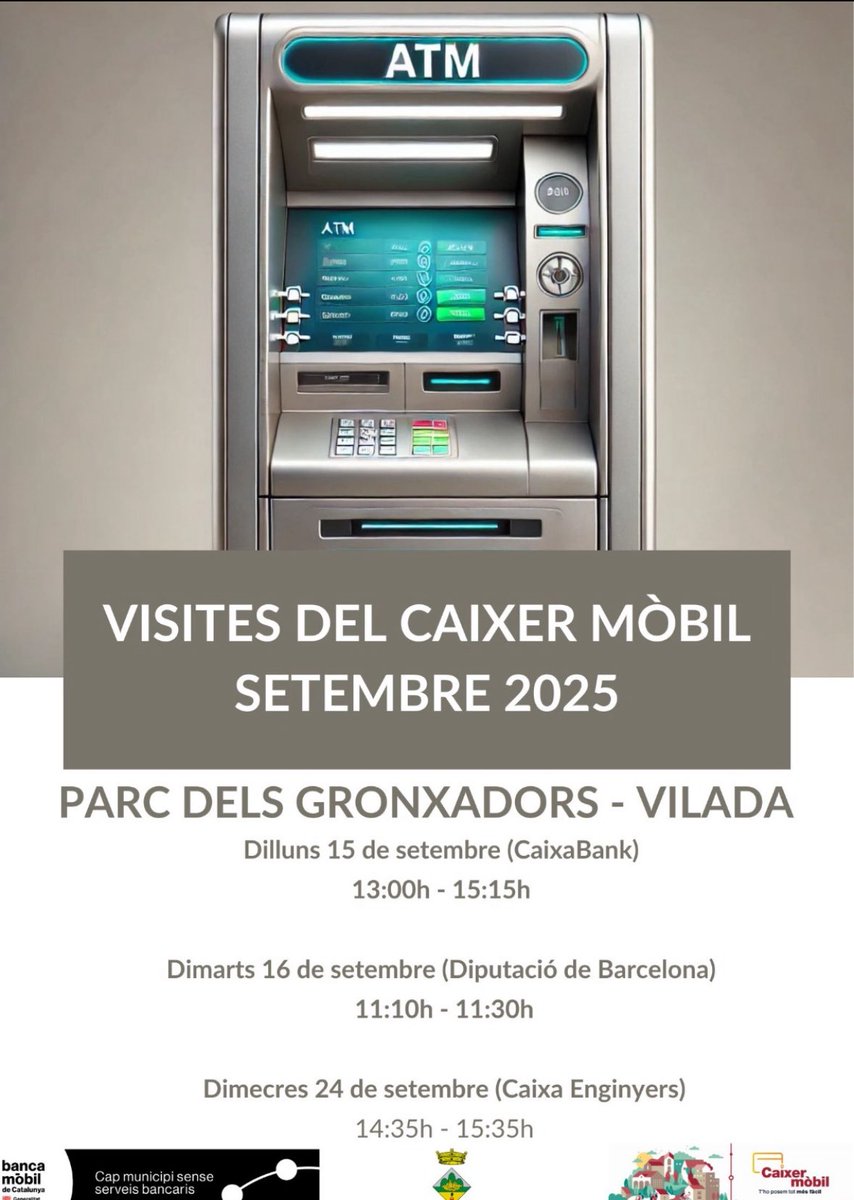 Apunta les dates 
📅 15, 16 i 24 de setembre caixer mòbil a #Vilada. 

Tota la info ⬇️⬇️⬇️⬇️⬇️⬇️⬇️⬇️