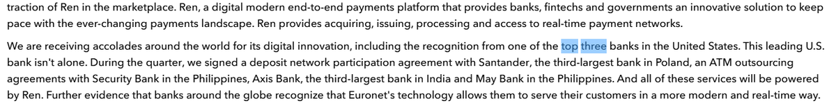 $EEFT Ren deal w/ top 3 US bank

"it's a high-margin business because it's a software transaction"

it's a big deal with a top-3 bank. Every other bank in the country has the same problem this bank had..and we're going to cross-sell the same solution to other banks as well ..."