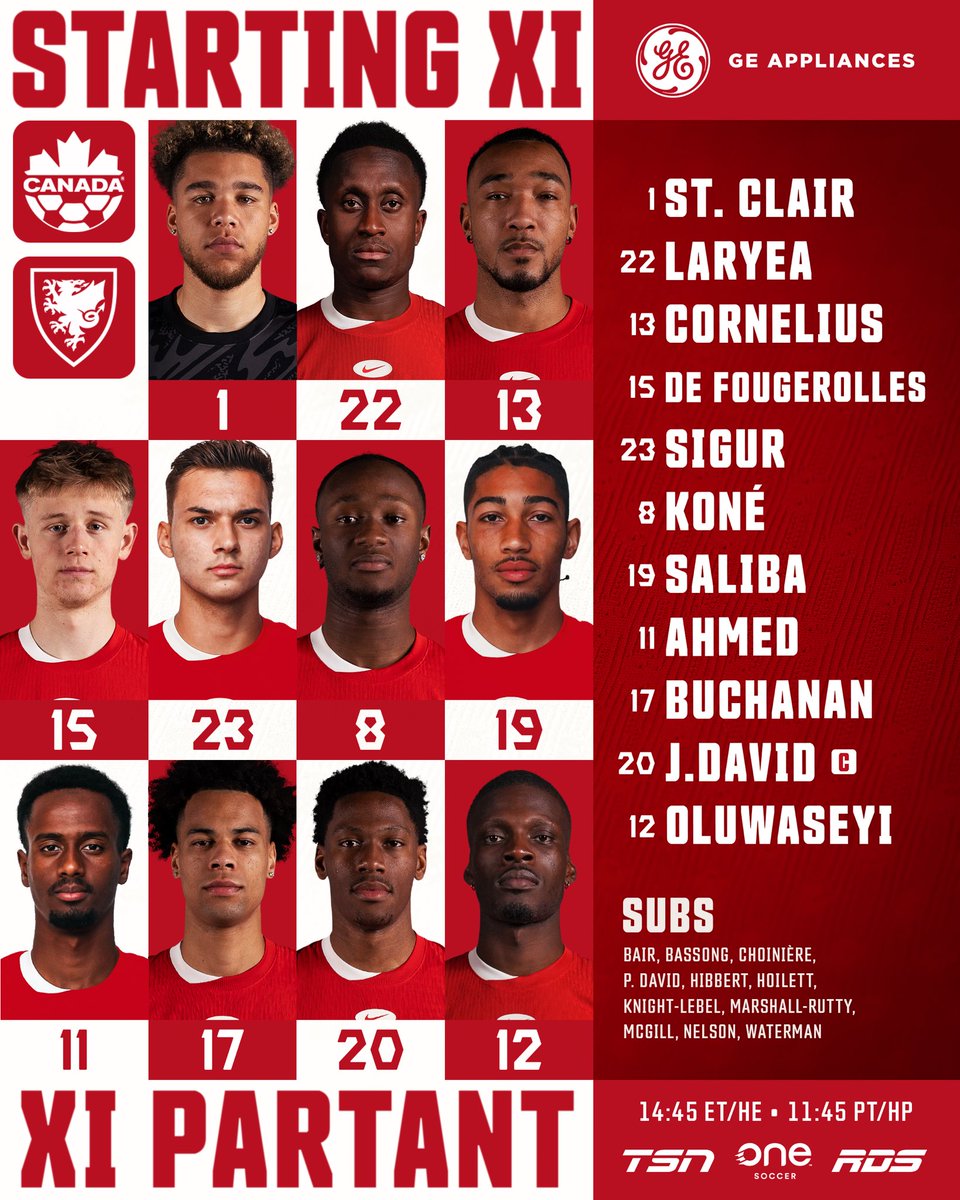 CANMNT (@canmnt_official) on Twitter photo Our XI, presented by <a href="/GE_Appliances/">GE Appliances</a>
🍁DSC returns to the XI
🍁Isma and Nathan make up the midfield duo
🍁Jo David wears the armband
🇨🇦 🆚 🏴
#CANMNT Our XI, presented by <a href="/GE_Appliances/">GE Appliances</a>
🍁DSC returns to the XI
🍁Isma and Nathan make up the midfield duo
🍁Jo David wears the armband
🇨🇦 🆚 🏴
#CANMNT