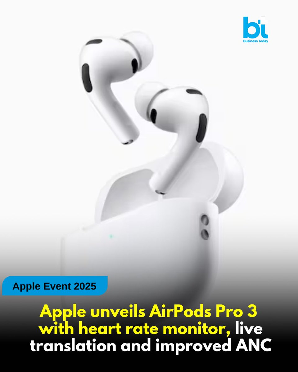 business_today's tweet image. 🚨💻 #TechToday | #Apple has announced the #AirPodsPro3, marking the first major upgrade to its premium earbuds in three years. 

➡️ The new model introduces a heart rate monitor, stronger active noise cancellation (ANC), and a live translation feature that could redefine how