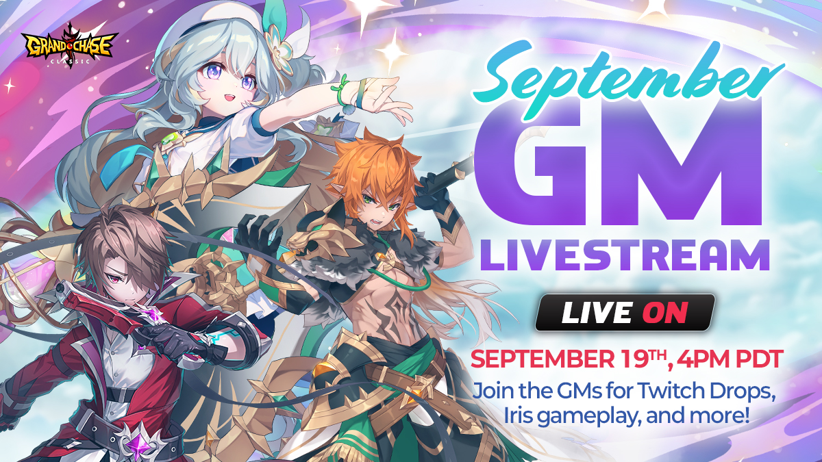 The GMs are back next week with their next livestream!

Tune in to check out Iris, earn Twitch Drops, and win giveaways.

📅 September 19th, 4pm PDT
📺 twitch.tv/gcclassic

#GrandChaseClassic #Action #RPG