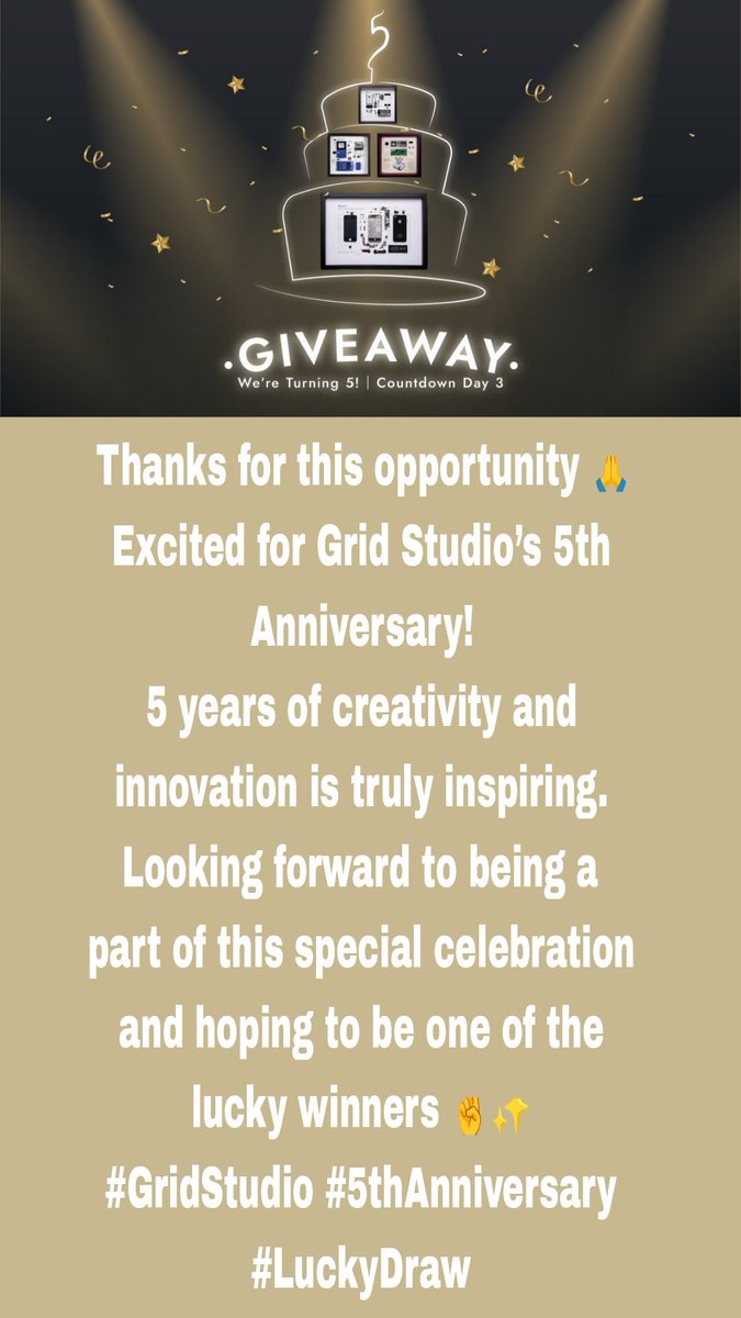 xDineshkarthik's tweet image. Thanks for this opportunity 🙏 
Excited for Grid Studio’s 5th Anniversary. 5 years of creativity and innovation is truly inspiring. Looking forward to being a part of this special celebration and hoping to be one of the lucky winners!! 🏆 
#GridStudio #5thAnniversary #LuckyDraw