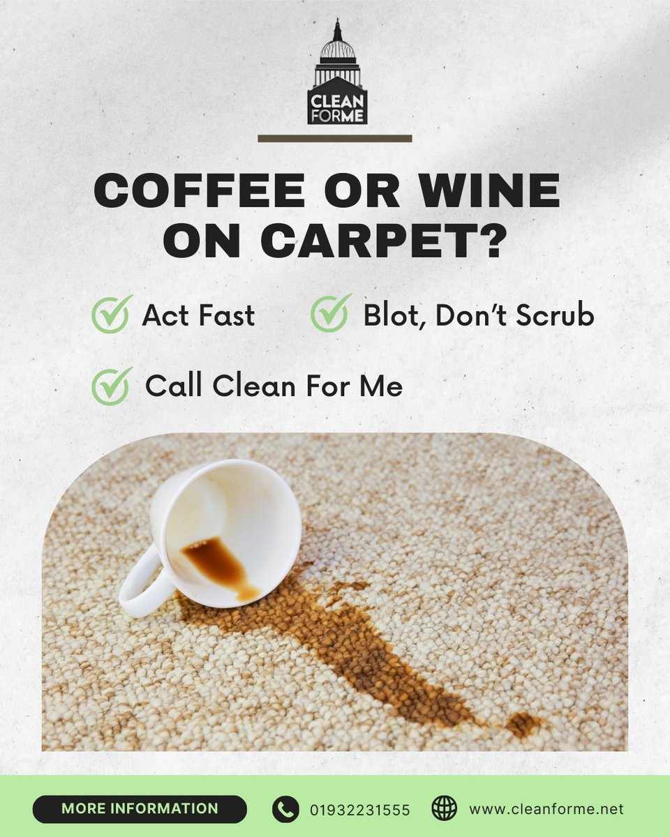 _CleanForMe_'s tweet image. ⚠️ Spill alert! If you drop coffee or wine on the carpet:

1️⃣ Act fast!
2️⃣ Blot gently with a clean cloth.
3️⃣ Avoid scrubbing (it spreads the stain).

And if the stain’s stubborn — call us at 01932231555. 🧼
#carpethygiene #carpetcaretips #reliablecleaners #surreycleaning #egham