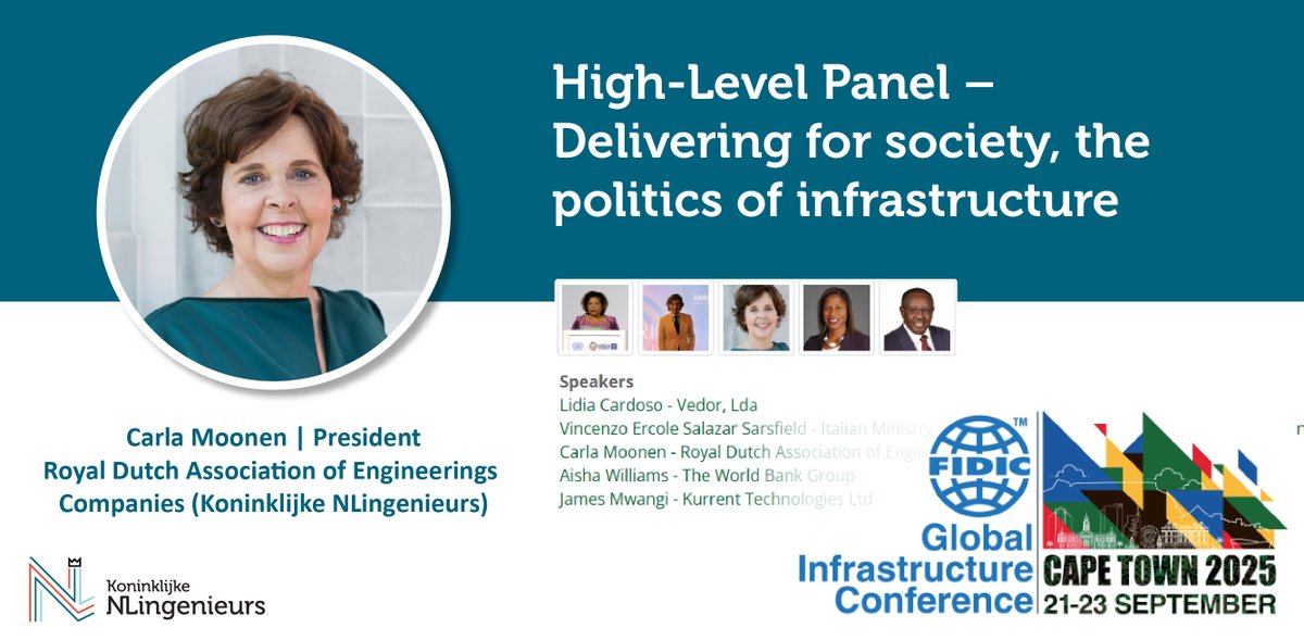 Onze voorzitter Carla Moonen reist in september naar Kaapstad voor de FIDIC Global Infrastructure Conference 2025. Tijdens deze internationale conferentie zal zij deelnemen aan de high-level paneldiscussie ‘Delivering for society, the politics of infrastructure’. #FIDIC2025