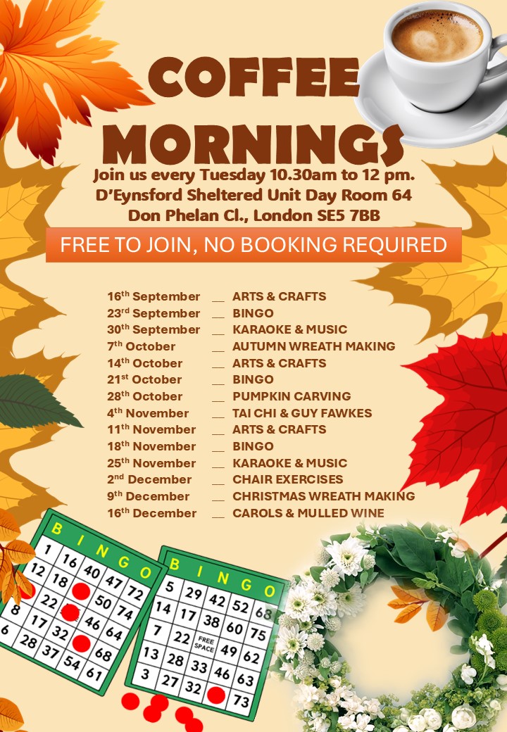 ☕ Join us every Tuesday, 10:30 AM – 12 PM at the D'Eynsford Sheltered Unit Day Room (64 Don Phelan Cl, SE5 7BB) for free coffee mornings – a chance to relax, chat, and connect with neighbours. Everyone welcome! 💛 #Community #Camberwell