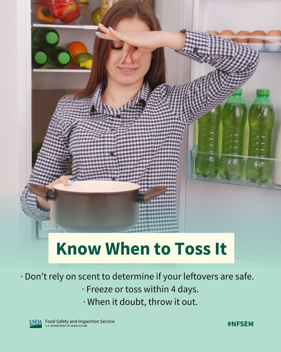 USDAFoodSafety's tweet photo. Even the best leftovers have a deadline. No sniff tests. No guesswork. Teach kids, teens, and young adults these leftover limits. #NFSEM https://t.co/Ma3NE2BJwH