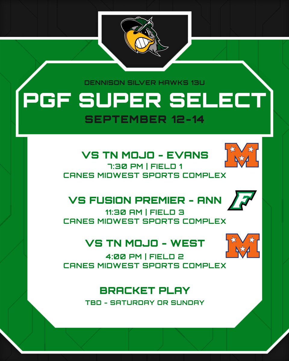 Tournament ✌️of the fall takes us to Indianapolis, IN for the <a href="/PGFnetwork/">PGF</a> Super Select Fall Championship.

Looking forward to testing ourselves against some of the best teams at 13U.

Let’s go Silver Hawks!! 💚🖤
<a href="/SilverHawkSball/">Silver Hawks</a>