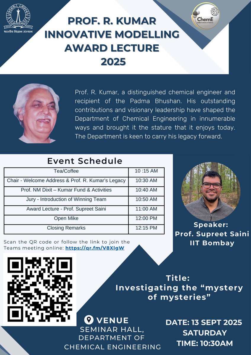 Chemical Engineering, IISc (@chemengiisc) on Twitter photo Prof. R. Kumar Innovative Modelling Award 2025
Congrats to Dr. Pavithra Venkatraman & Prof. Supreet Saini (<a href="/iitbombay/">IIT Bombay</a>) for their work on sympatric speciation in npj Systems Biology & Applications (2024).
๐ข Lecture: Sept 13 | 10:30 AM
๐ ChemE, <a href="/iiscbangalore/">IISc Bangalore</a>
๐ QR code to join Prof. R. Kumar Innovative Modelling Award 2025
Congrats to Dr. Pavithra Venkatraman & Prof. Supreet Saini (<a href="/iitbombay/">IIT Bombay</a>) for their work on sympatric speciation in npj Systems Biology & Applications (2024).
๐ข Lecture: Sept 13 | 10:30 AM
๐ ChemE, <a href="/iiscbangalore/">IISc Bangalore</a>
๐ QR code to join