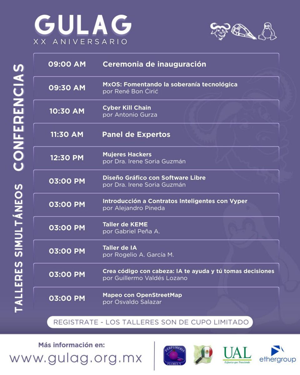 Les esperamos el próximo 19 de septiembre en las instalaciones de la <a href="/Universidad_UAL/">Universidad UAL</a> para celebrar el Congreso de #SoftwareLibre donde tendremos conferencias y talleres.

Más información y registro en:
gulag.org.mx/proximamente-c…

#FreeSoftware #LUGLaguna