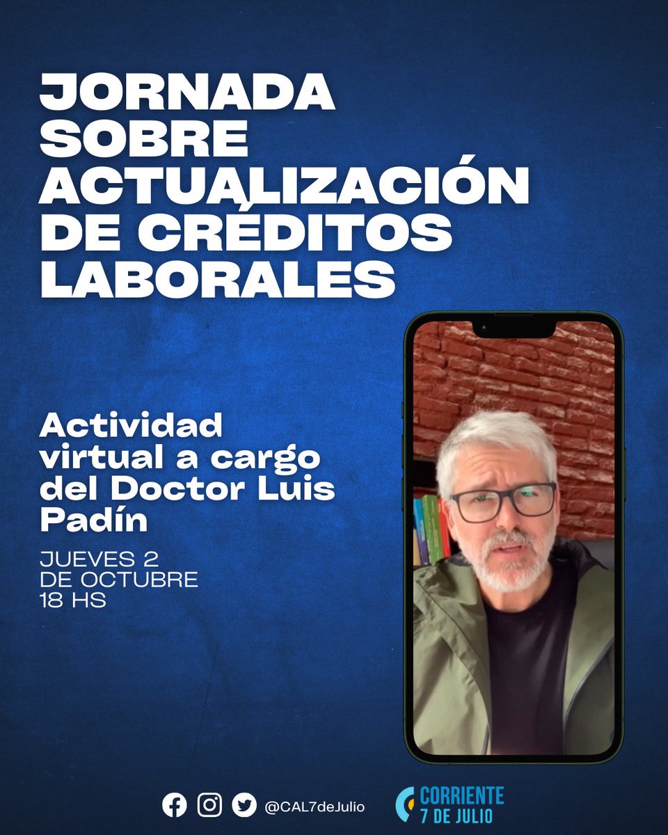 📣 JORNADA SOBRE ACTUALIZACIÓN DE CRÉDITOS LABORALES

Actividad virtual a cargo del Doctor Luis Padín.

📆 jueves 2/10 • 18 HS x Zoom 

➡️ us06web.zoom.us/j/84193897439?…

📲 ID de reunión: 841 9389 7439
👉🏻 Código de acceso: 878472