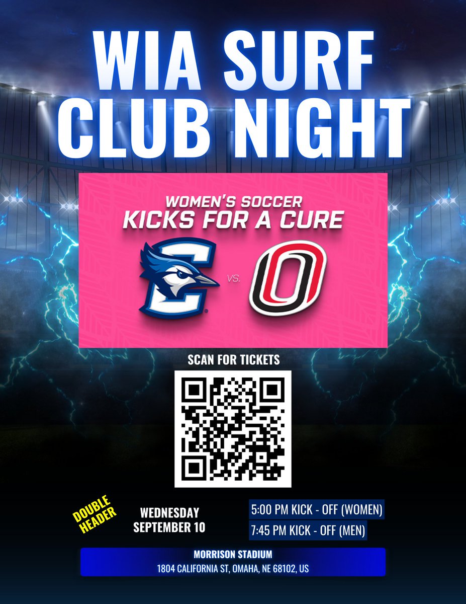 ⏰🎟️ Last Chance! 🎟️⏰
Don’t miss out on Club Night at Morrison Stadium –  Wednesday, September 10! 🌊⚽
Cheer on Creighton vs. UNO, connect with fellow Surf &amp; CBSC families, and support #KicksForACure 💙
👉 Get your tickets NOW before it’s too late: gofevo.com/event/Wiasurf2