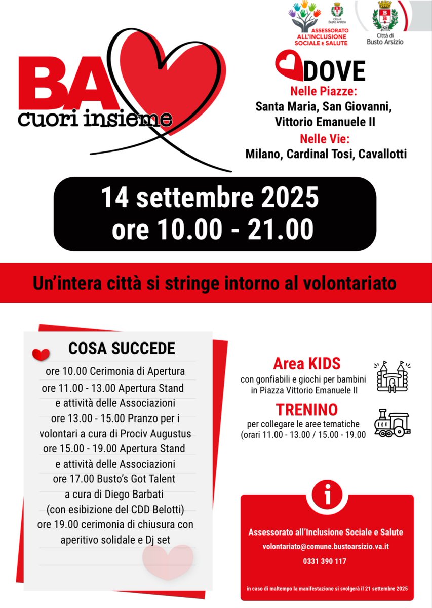 Domenica 14 settembre torna a #BustoArsizio la grande festa del volontariato♥️ 𝐁𝐀 𝐂𝐮𝐨𝐫𝐢 𝐈𝐧𝐬𝐢𝐞𝐦𝐞

📌 𝑫𝒂 𝒏𝒐𝒏 𝒑𝒆𝒓𝒅𝒆𝒓𝒆 alle ore 17 in Piazza S. Maria l’esibizione della 𝐁𝐞𝐥𝐨𝐭𝐭𝐢 𝐁𝐚𝐧𝐝, con i ragazzi del CDD Belotti, gestito da Società Dolce 🎶🥁🎤