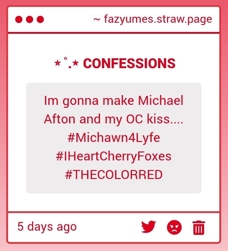 fazyumes's tweet photo. ── confession
Im gonna make Michael Afton and my OC kiss.... #Michawn4Lyfe #IHeartCherryFoxes #THECOLORRED https://t.co/UI6tol24Km