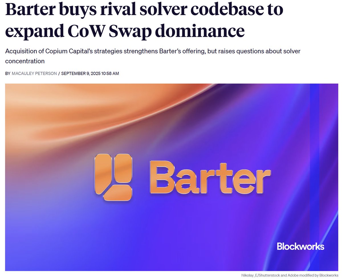 Barter, the top solver on CoW Swap, has acquired nearly 50% market share